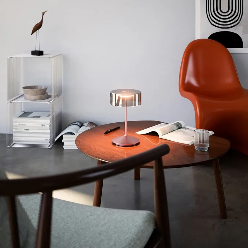 Beperkte Voorraad Numotion LED oplaadbare tafellamp, roségoud, glas, IP54, dimbaar