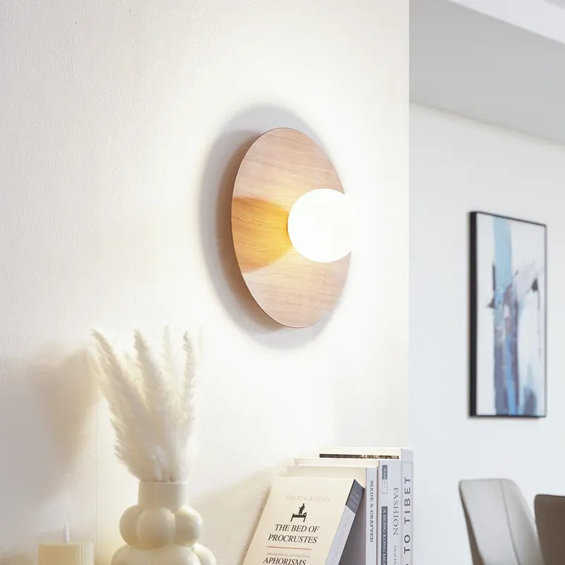 Wandlamp Lindby Zain, houtkleur/wit, glas, Ø 33 cm, G9 Koop Online
