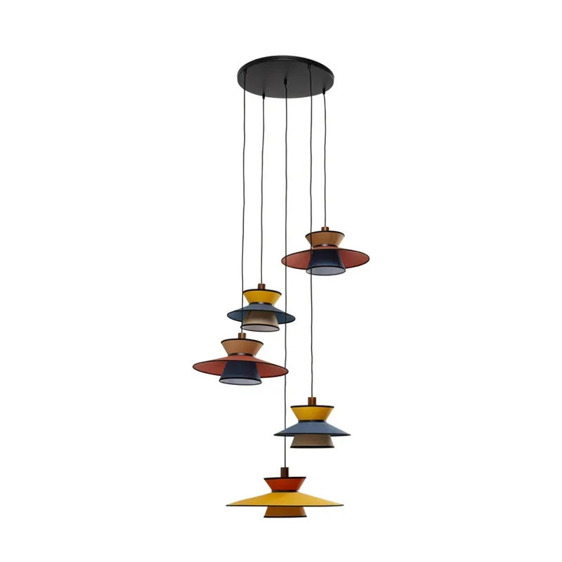 Populair Kare hanglamp Riva, meerkleurig, textiel, hout, 5-lamps