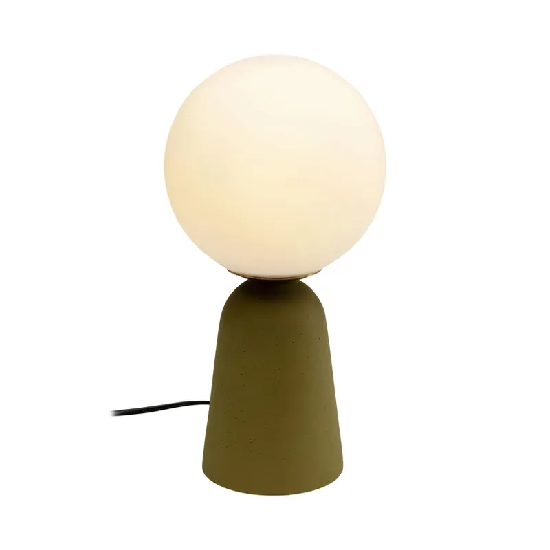 Uitverkoop Kare tafellamp Bollie, voet beton groen, opaalglas, hoogte 31 cm