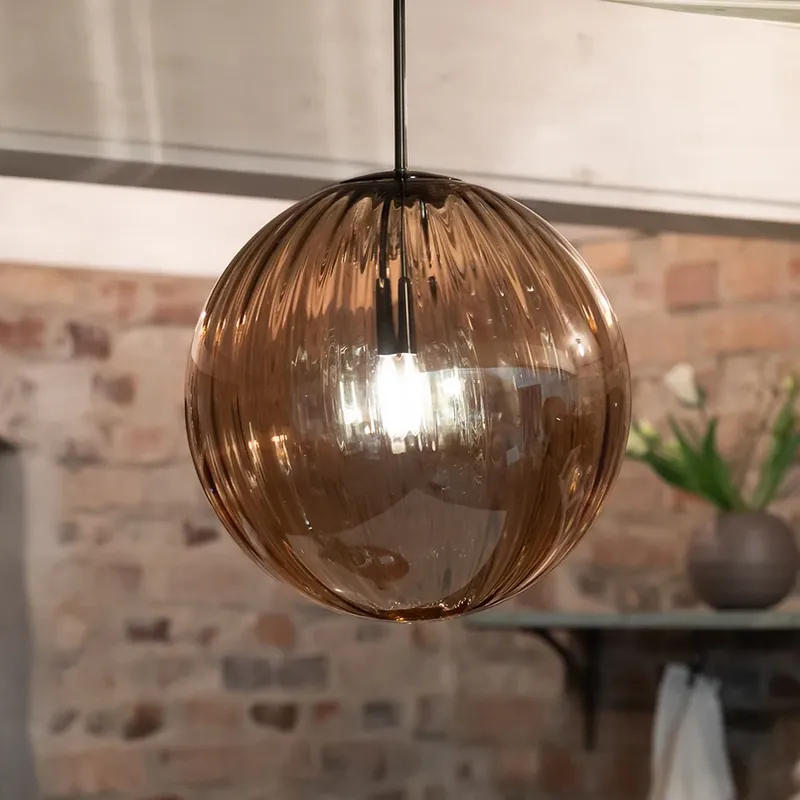 Bestel Nu Hanglamp Fengari, stekker, barnsteen, glas, Ø 35 cm