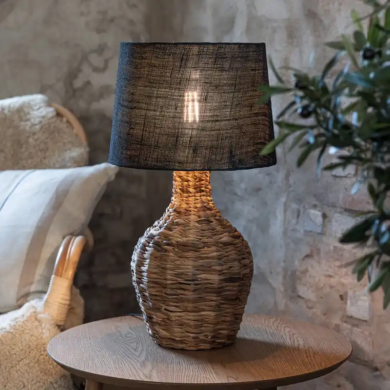 Beperkte Voorraad Tafellamp Paglia, naturel/zwart, rotan/jute, hoogte 58 cm