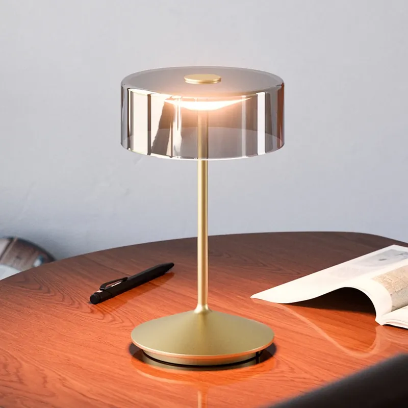Snelle Levering Numotion LED oplaadbare tafellamp, goud, glas, IP54, dimbaar