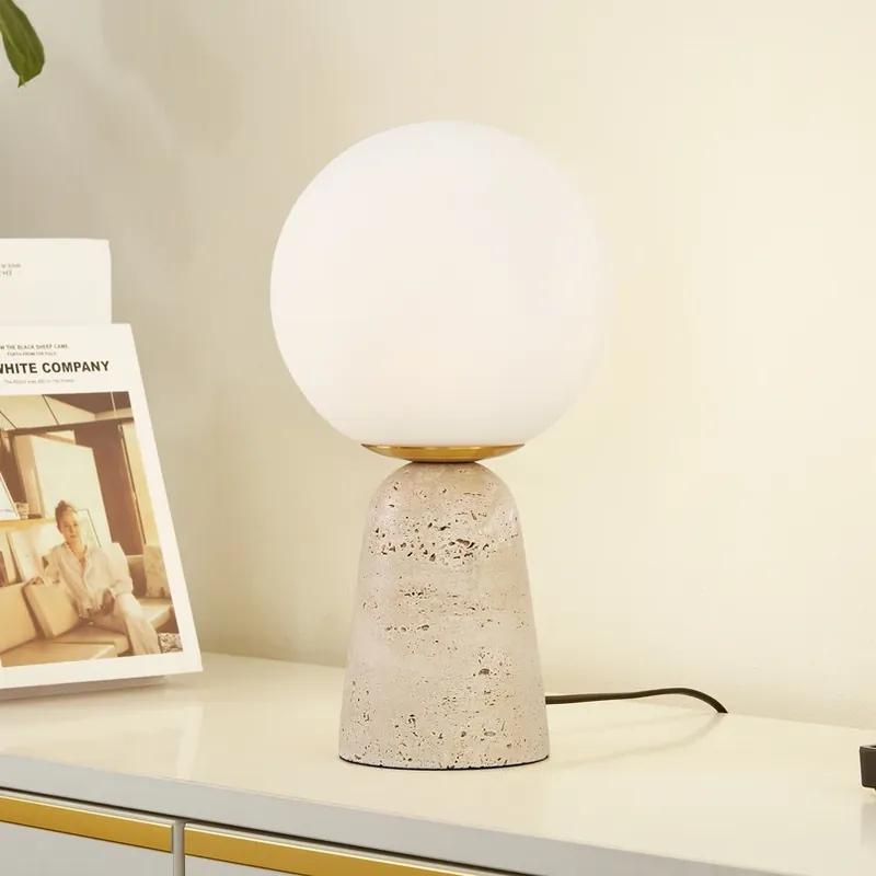 Lindby tafellamp Kirstan, beige, wit, glas, steen, 33 cm Nu Kopen