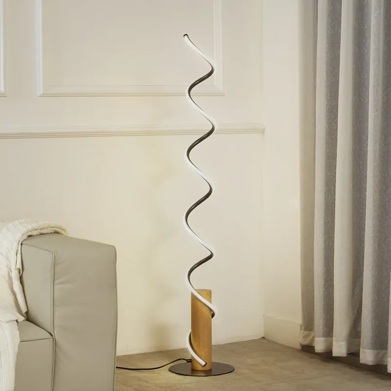 Lindby LED vloerlamp Spiraali, grijs, hout, hoogte 133 cm Premium
