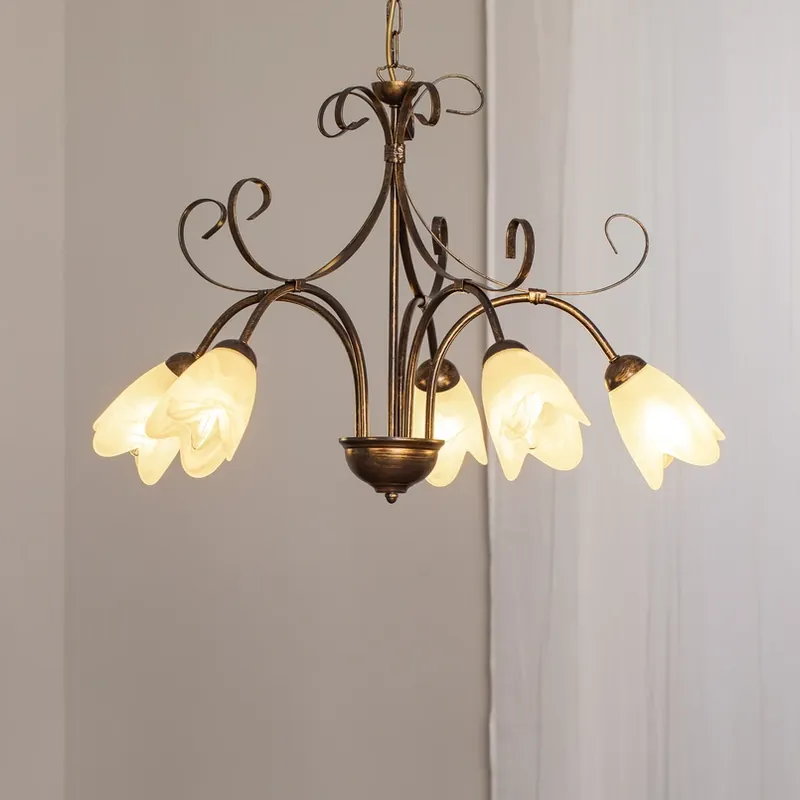 Hanglamp Odino, 5-lamps, bronskleurig, metaal, glas Lage Kosten