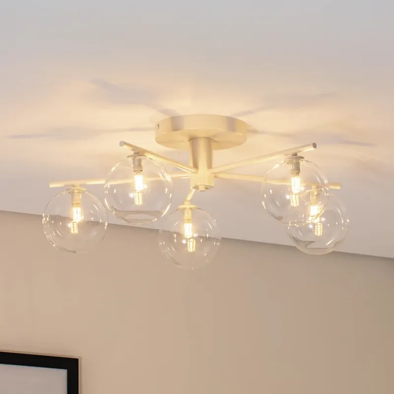 Prato plafondlamp, crème/helder, glas, 5-lamps Flitsaanbieding