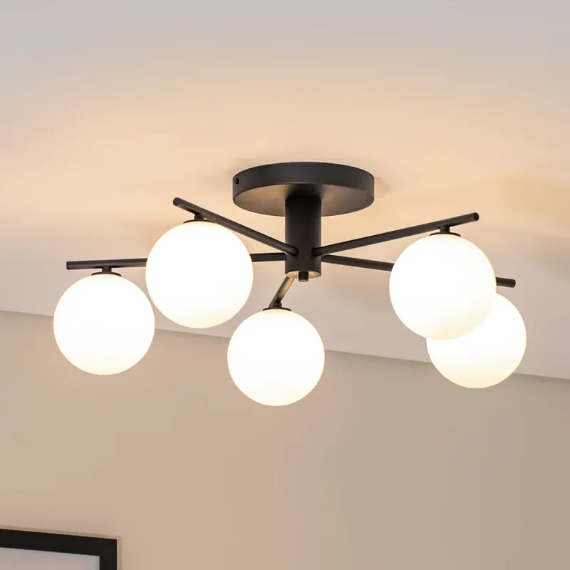 Prato plafondlamp, zwart/wit, glas, 5-lamps Hoge Kwaliteit