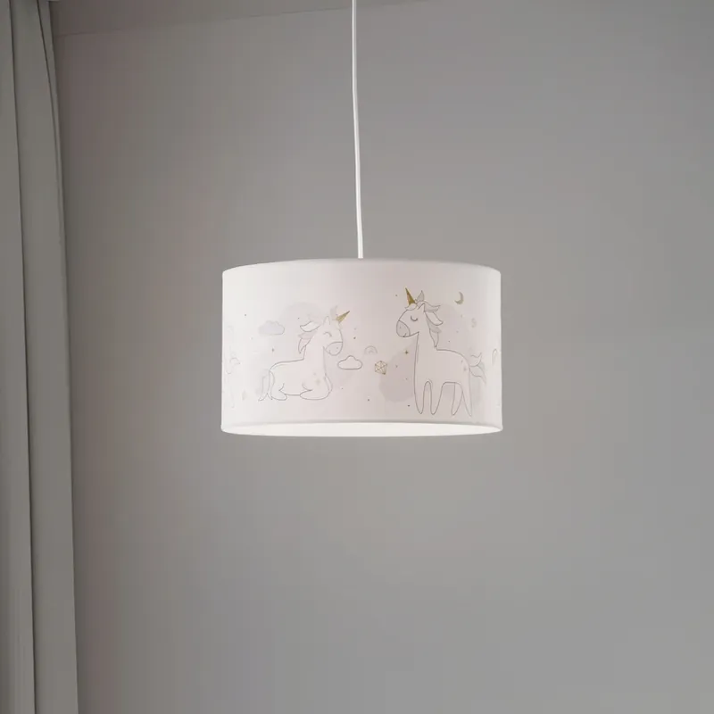 Favoriet Hanglamp Mila, Ø 35 cm, wit, stof, eenhoorns, E27