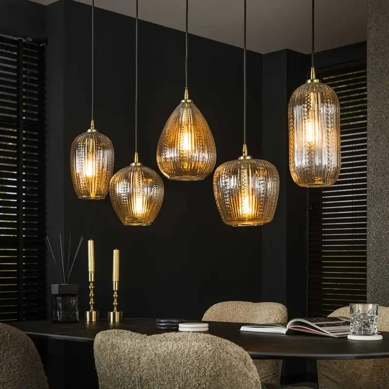 Hanglamp Riffleglass mix, 5-lamps, glas, helder, antraciet Bestseller
