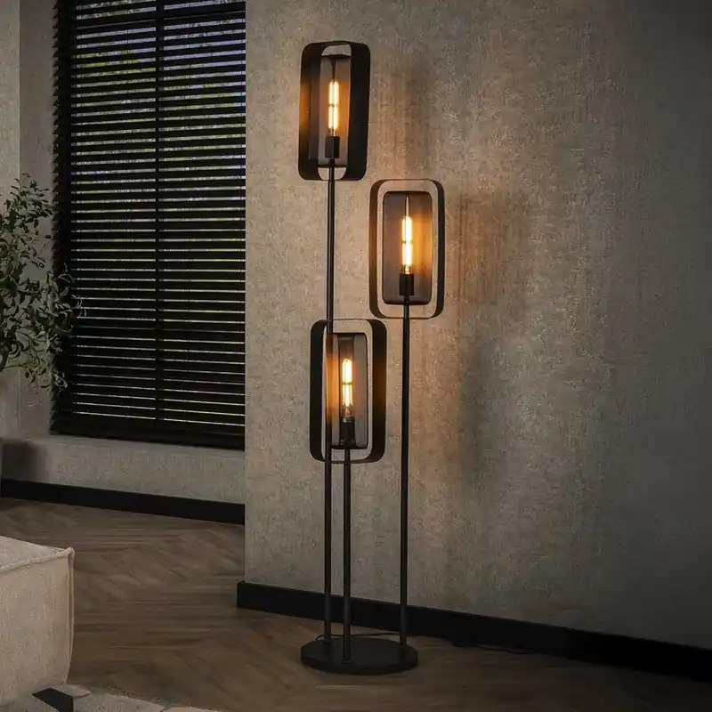 Snelle Levering Vloerlamp Alma, 3-lamps, zwart, metaal, draaibare netkap