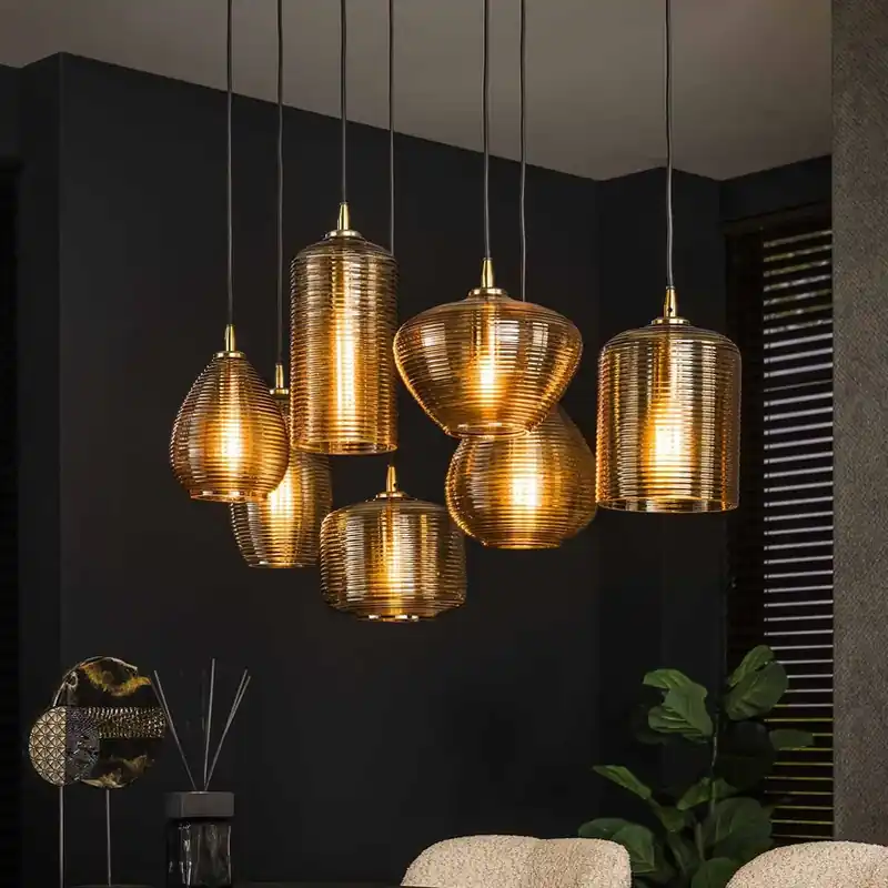 Voordeelprijs Stripeglass mix hanglamp, 7-lamps, glas, amber, antraciet
