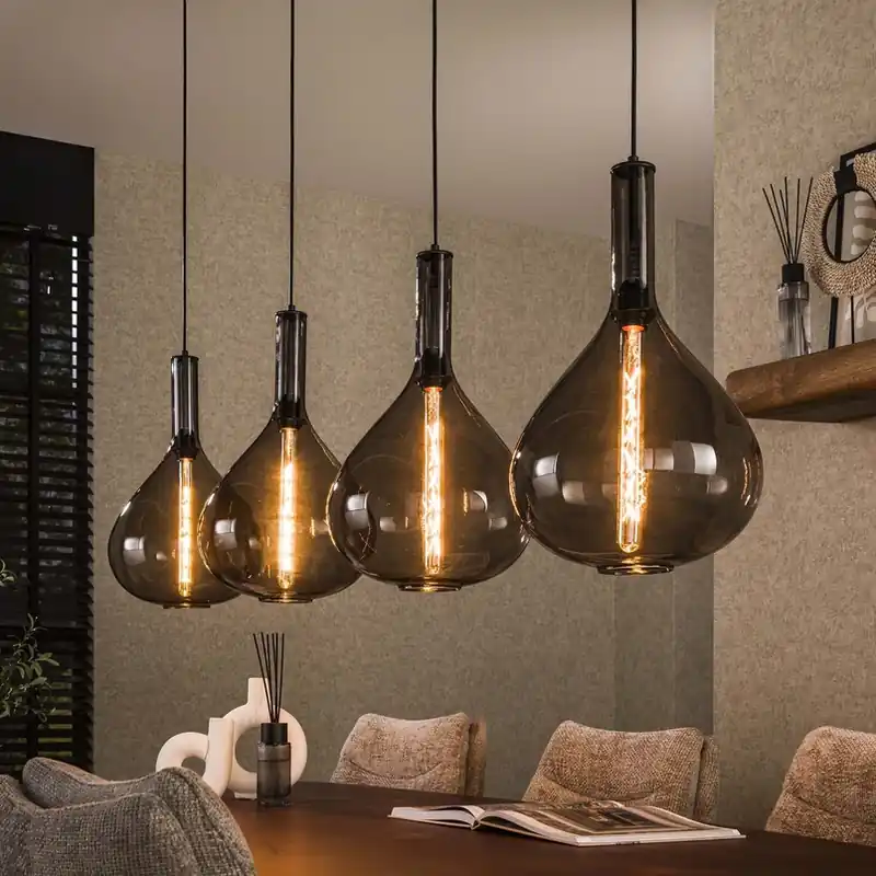 Snelle Levering Droppone hanglamp, 4-lamps, rookgrijs, glas, E27
