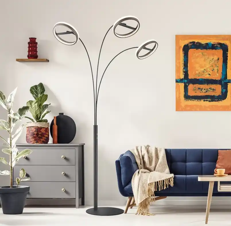 LED vloerlamp Della, hoogte 190 cm, zwart/donkergrijs, 3-lamps. Betrouwbaar