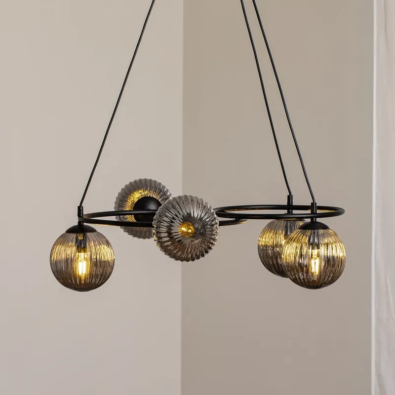 Betaalbaar Libra woonkamerlamp, rookgrijs/zwart, Ø 70 cm, 5-lamps.
