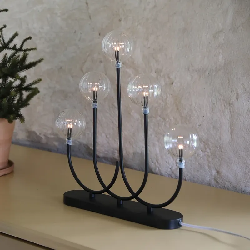 Kandelaar Enys, zwart/helder, ijzer/glas, 5-lamps, LED Voordeelprijs