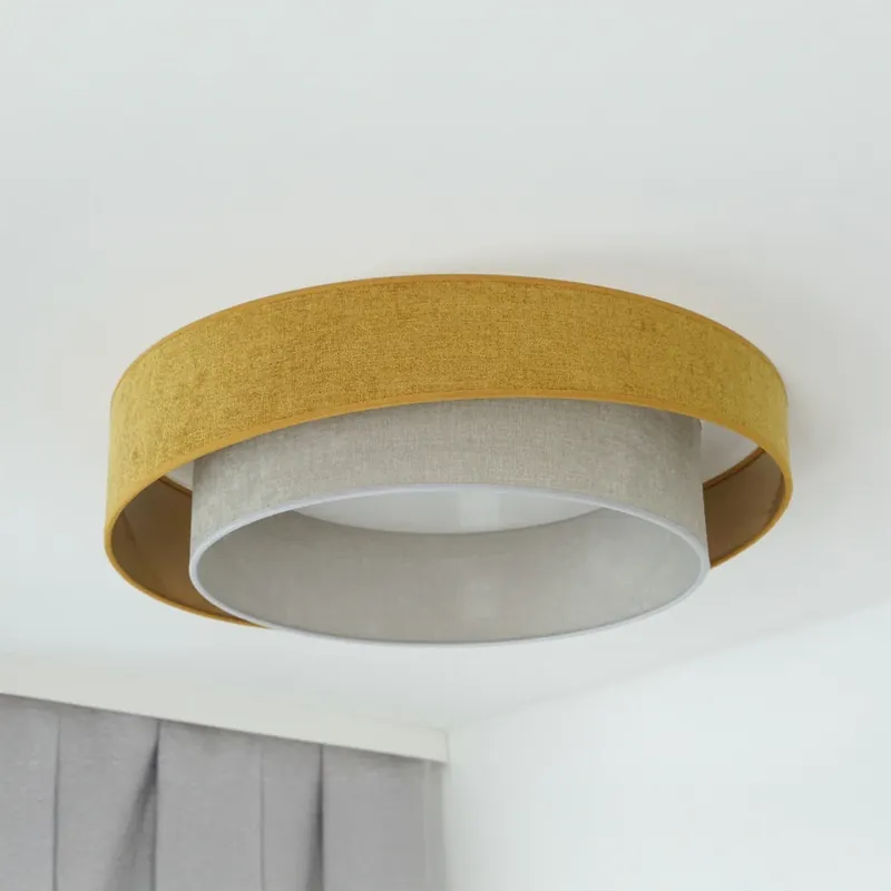 LED plafondlamp Luneta S, chenille, mosterdgeel/grijs, 3-traps Op = Op