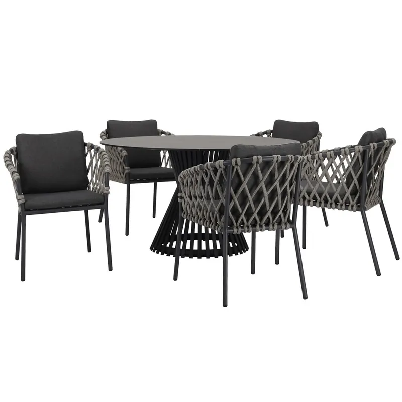 AVH-Collectie Amalfi Pasadena dining tuinset 140 cm rond 6 delig antraciet keramiek Gecertificeerd