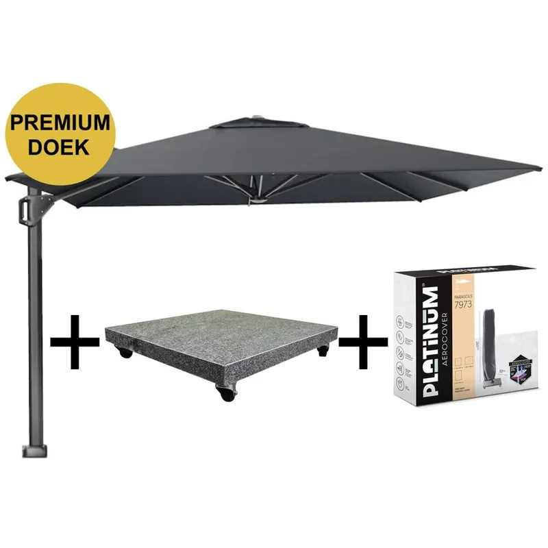 Rechtstreeks Van De Fabrikant Platinum Beaufort premium zweefparasol 320x320 cm Faded Black met parasolvoet 120kg en hoes