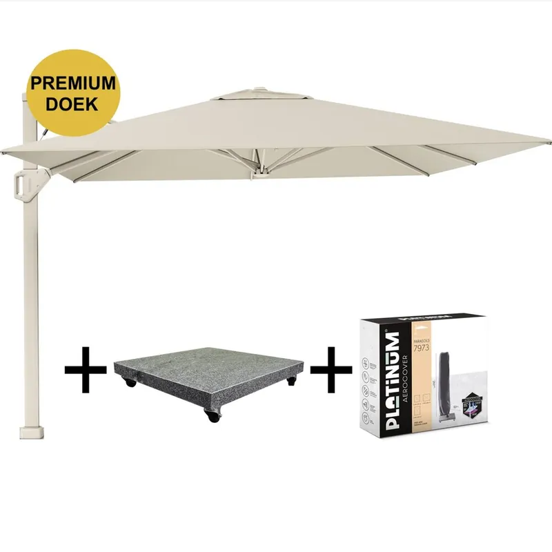 Aanbieding Platinum Beaufort premium zweefparasol 320x320 cm Champagne met parasolvoet 120kg en hoes