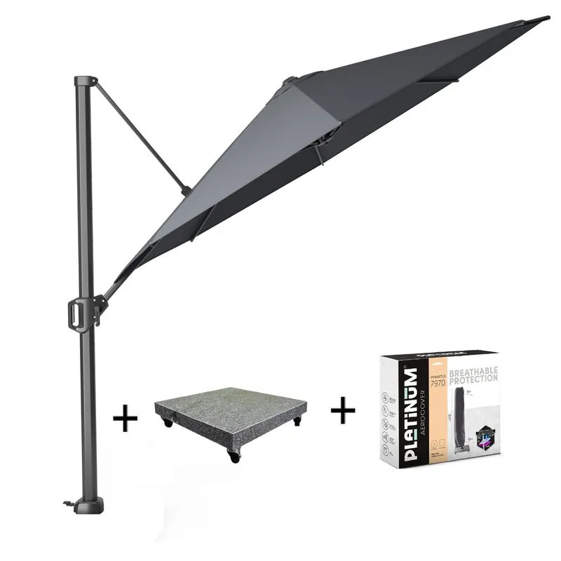 Platinum Challenger T1 parasol 350 cm rond antraciet met 90KG voet en hoes Lage Kosten
