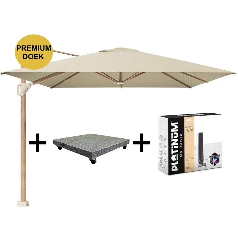 Lage Prijs Platinum Challenger T1 premium parasol 400x300 cm teak champagne met 120 KG voet en hoes