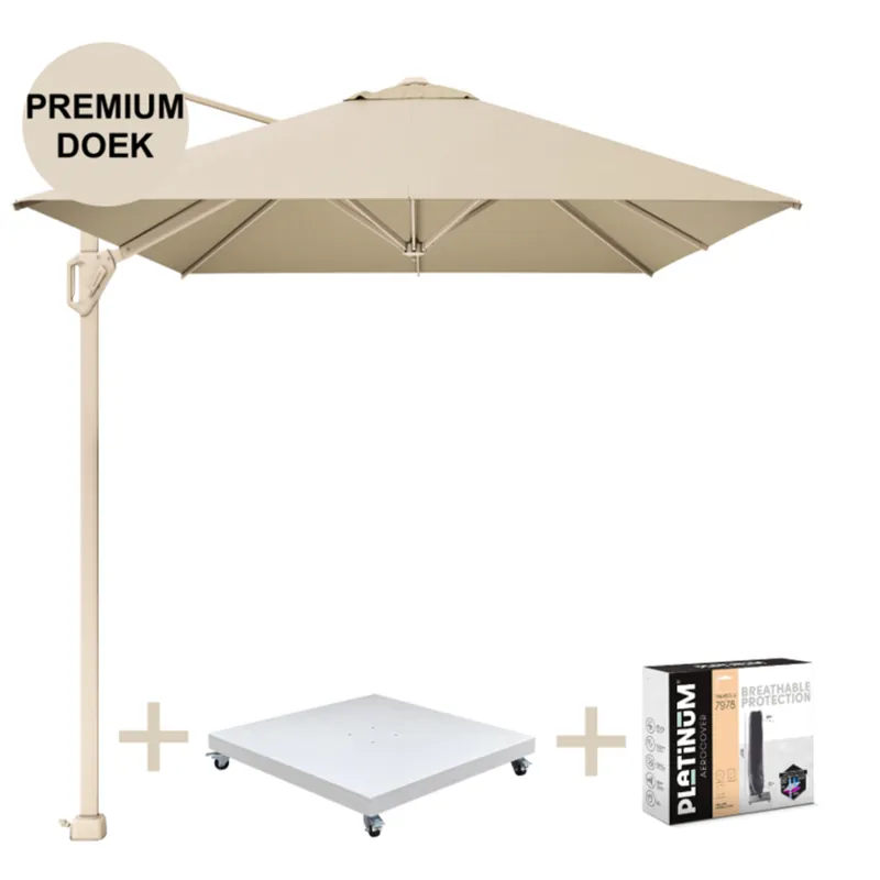 Korting Platinum Challenger T1 premium parasol 400x300 cm sandstone champagne met zandkleur 120 KG voet en hoes