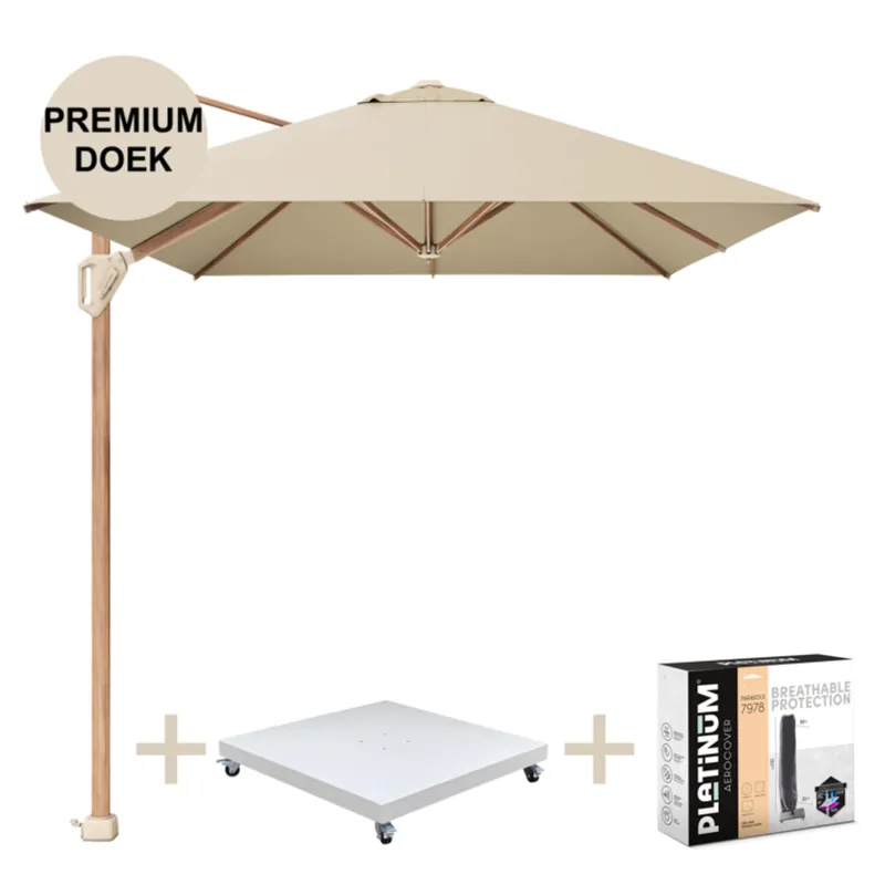 Uitverkoop Platinum Challenger T1 premium parasol 400x300 cm teak champagne met zandkleur 120 KG voet en hoes