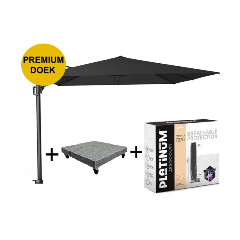 Platinum Challenger T1 premium zweefparasol 300x300 cm faded black met parasolvoet 90kg en hoes Hete Deal