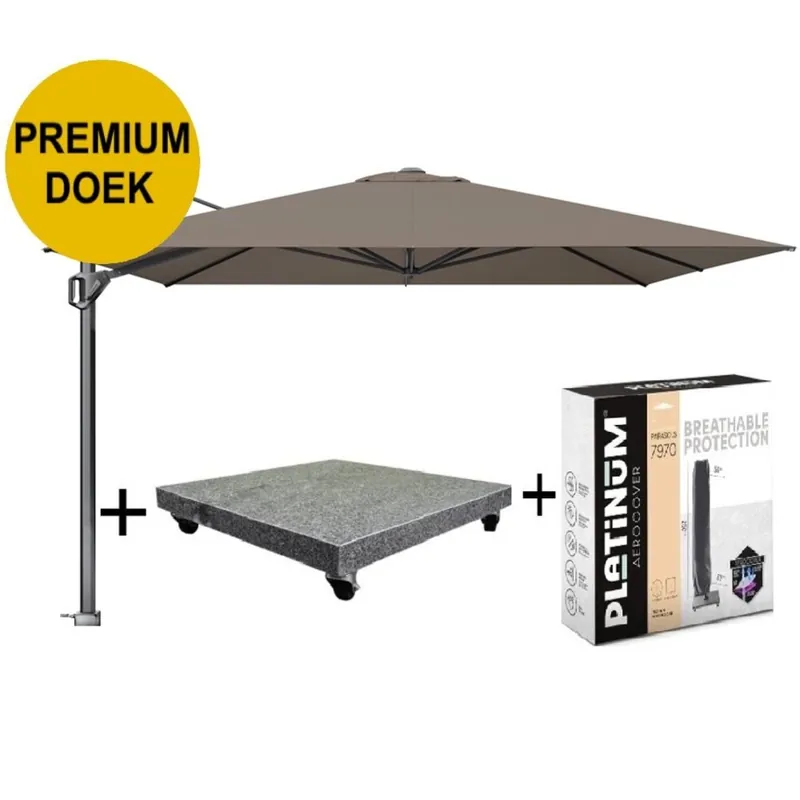 Platinum Challenger T1 premium zweefparasol 350x350 cm havanna met parasolvoet 120kg en hoes Superprijs