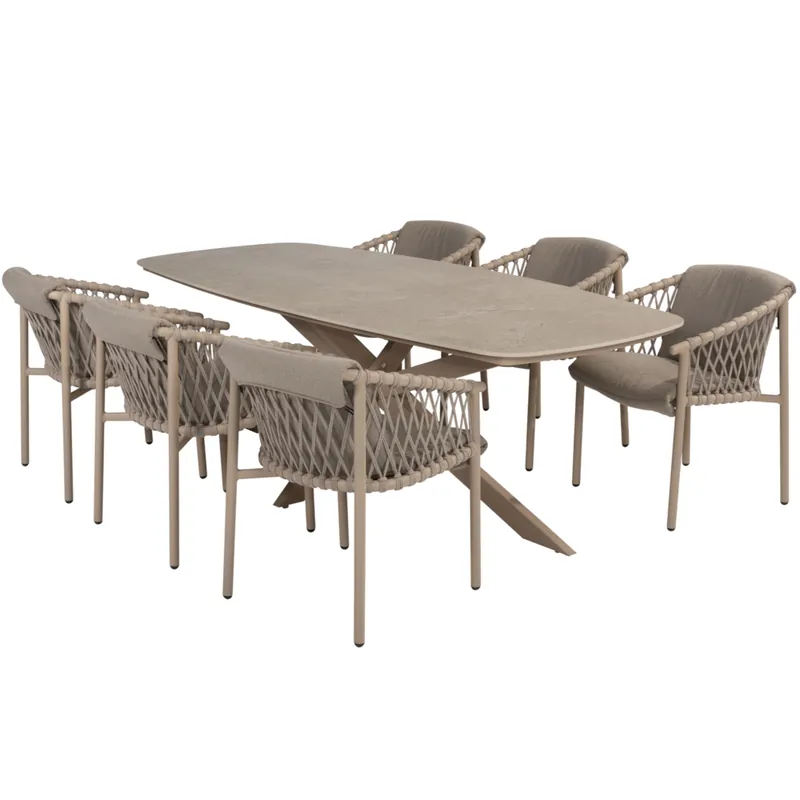 Laatste Kans 4 Seasons Outdoor Prado Allora dining tuinset 240x105xH75 cm 7 delig keramiek barrel latte 4 Seasons Outdoor
