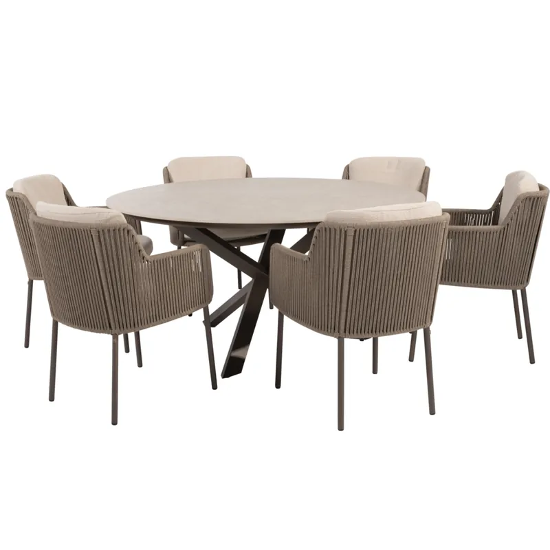Flitsaanbieding 4 Seasons Outdoor Prado Bernini dining tuinset 160xH75 cm rond 7 delig keramiek terre 4 Seasons Outdoor