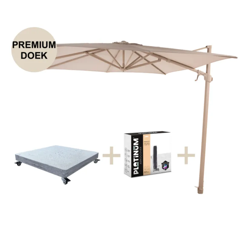 Seizoensaanbieding 4 Seasons Outdoor Siesta premium zweefparasol 300x300 cm latte frame sand 4 Seasons Outdoor met robuust 90 KG voet en hoes