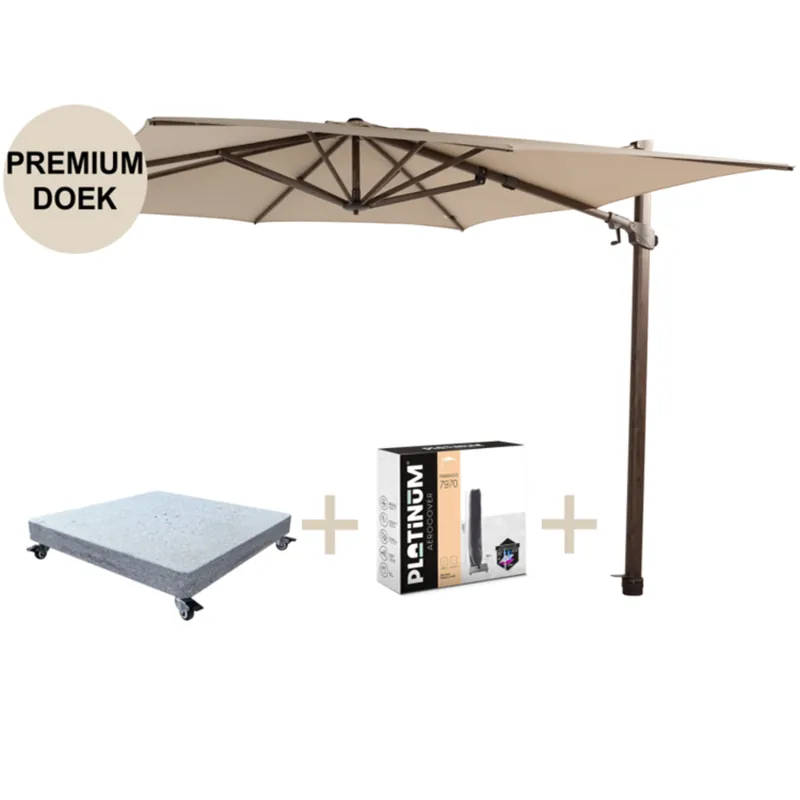 Betrouwbaar 4 Seasons Outdoor Siesta premium zweefparasol 300x300 cm wenge frame beach met robuust 90 KG voet en hoes