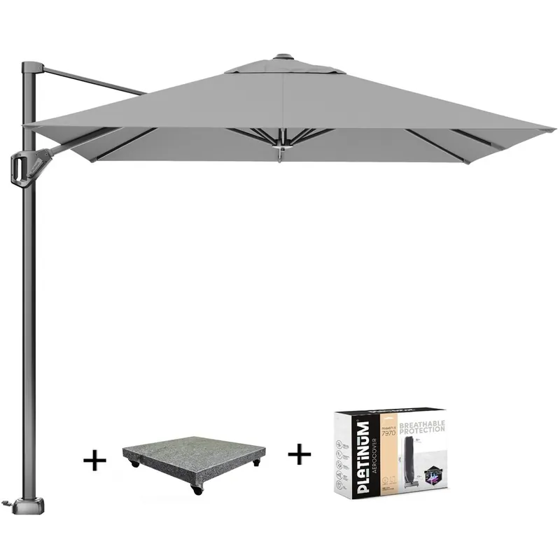 Favoriet Platinum Voyager T1 zweefparasol 250x250 cm lichtgrijs met 90KG voet en hoes