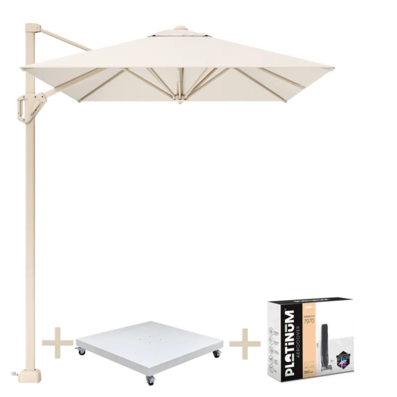 Premium Platinum Voyager T1 zweefparasol 250x250 cm sandstone Ivory met zandkleur 90kg voet en hoes