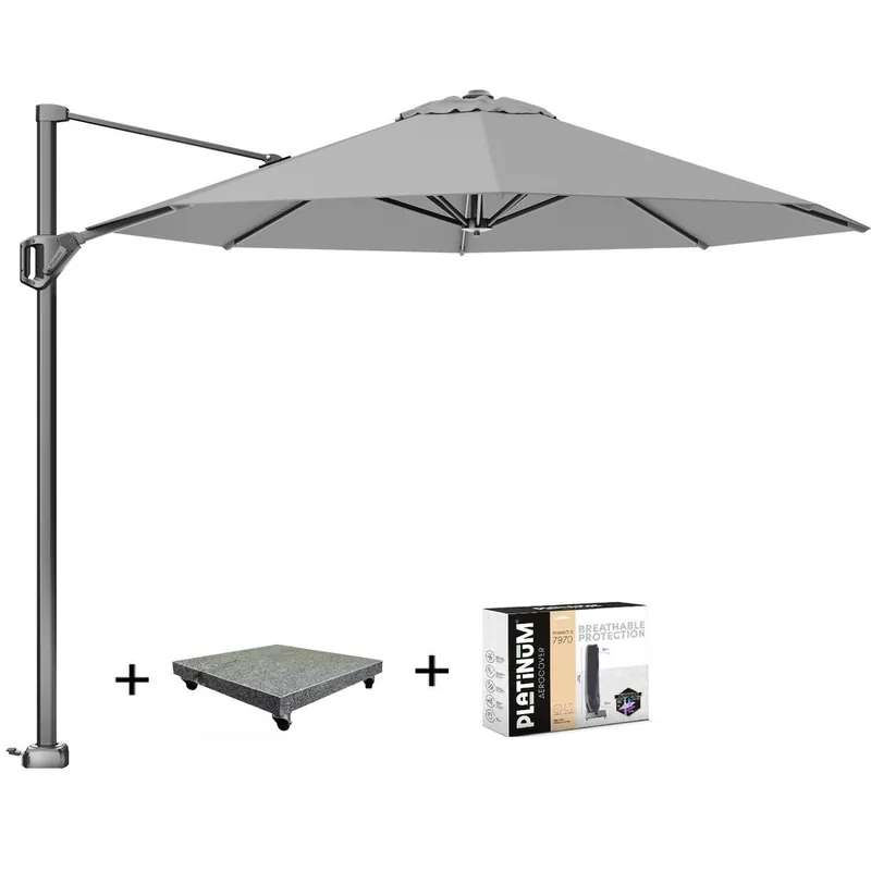 Platinum Voyager T1 zweefparasol 300 cm rond lichtgrijs met 90KG voet en hoes Premium