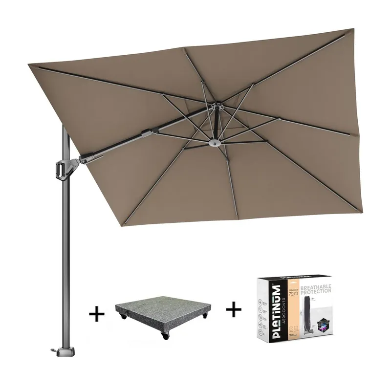 Exclusieve Aanbieding Platinum Voyager T2 zweefparasol 270x270 cm Havanna met 90KG voet en hoes