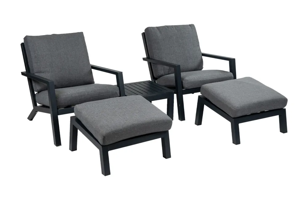 2x loungestoel Bezano Grey + 2x Voetenbank Bezano Grey + Bijzettafel 50x50cm Bezan Aanbieding