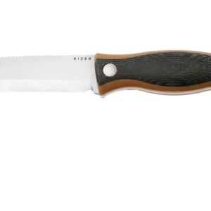 Actieprijs Kizer Polaris 1100A1, Satin AEB-L, Brown G10 / Black Micarta vaststaand mes, Azo design