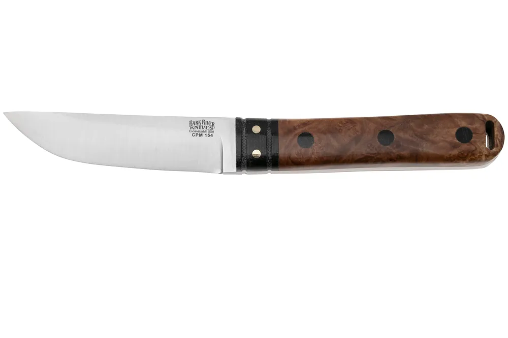 Bark River Kitsuné CPM 154 Natural Maple Burl Black Micarta Bolster and Pins, vaststaand mes Snelle Levering